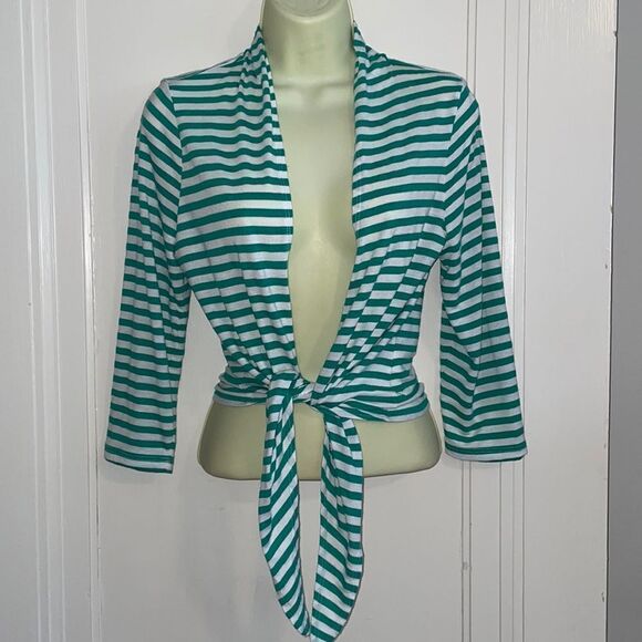 Chico’s thin green & white striped tie front cardigan with 3/4 sleeves - Picture 1 of 8